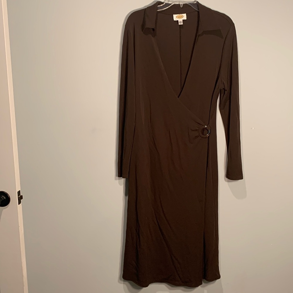 Talbots brown faux wrap dress with long sleeves size 14 length tee length